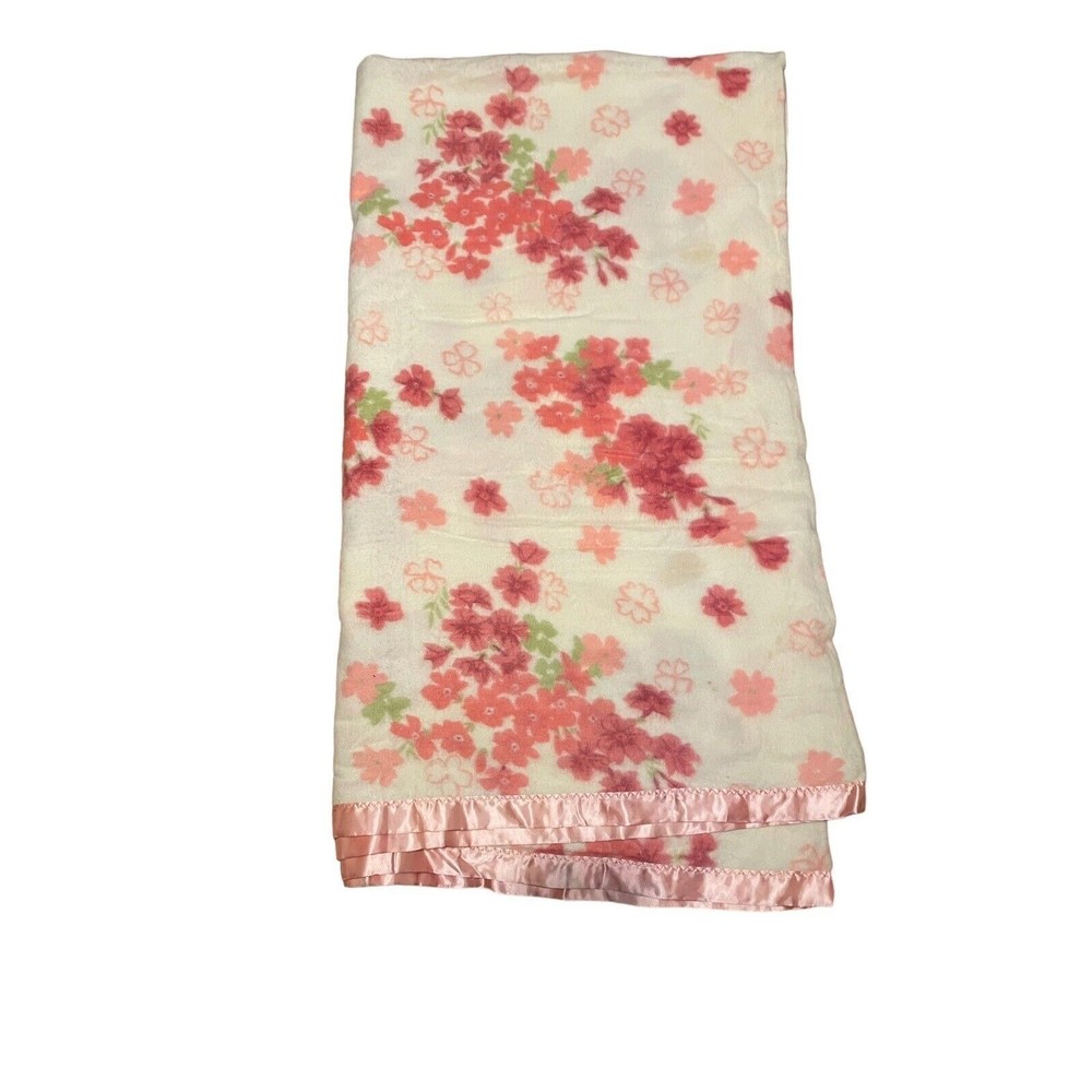 VTG Blanket 76x82” Pink And White Floral With Satin Edge Cottage Core